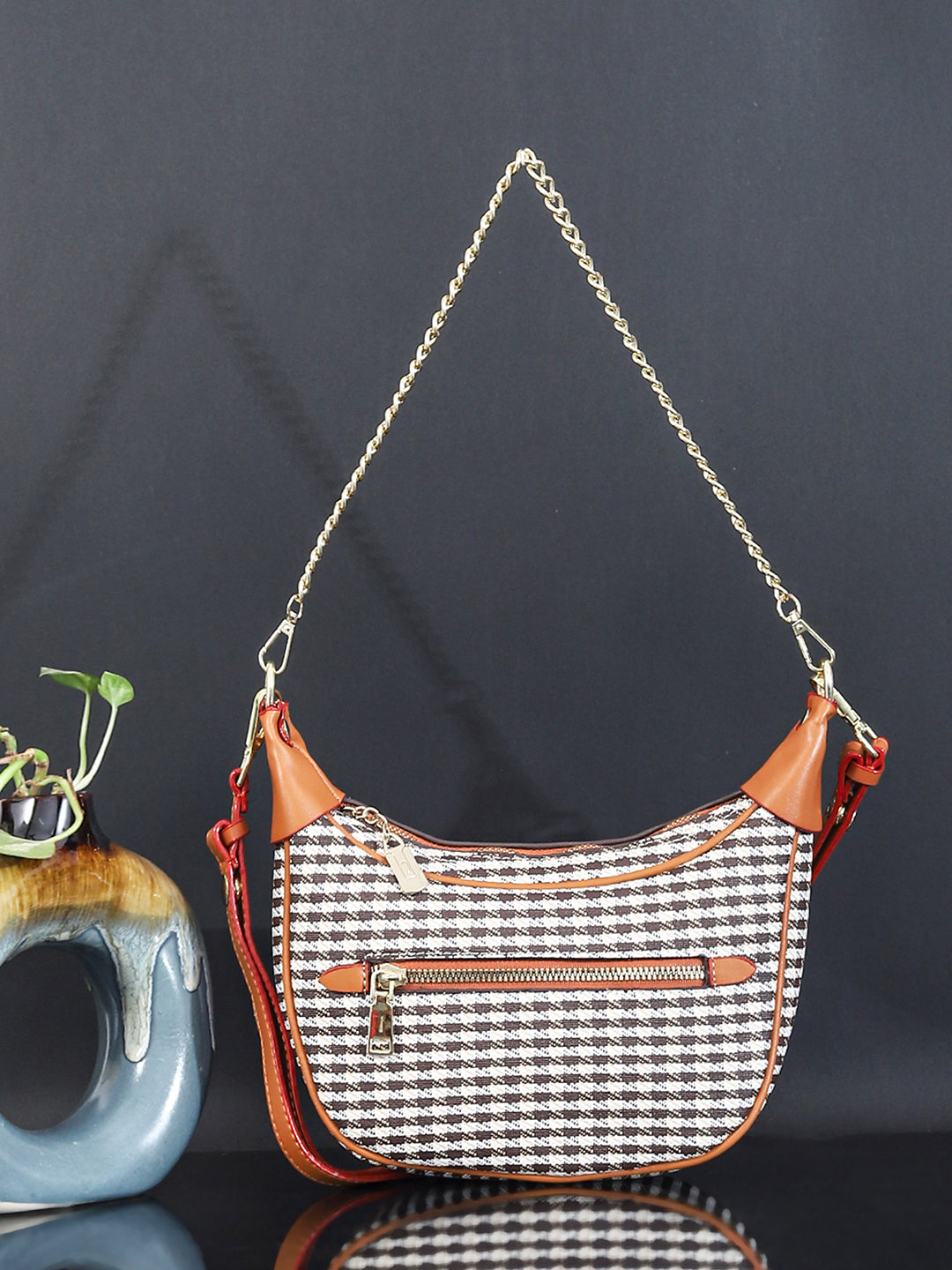 Checked PU Structured Handbag (Brown)