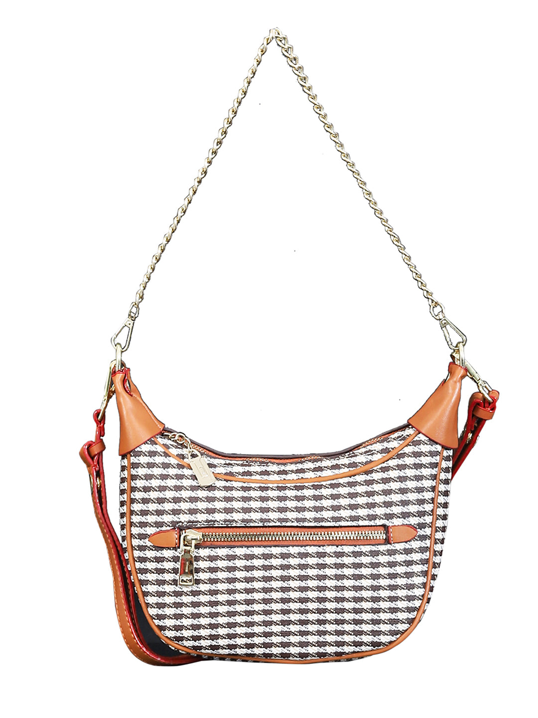 Checked PU Structured Handbag (Brown)