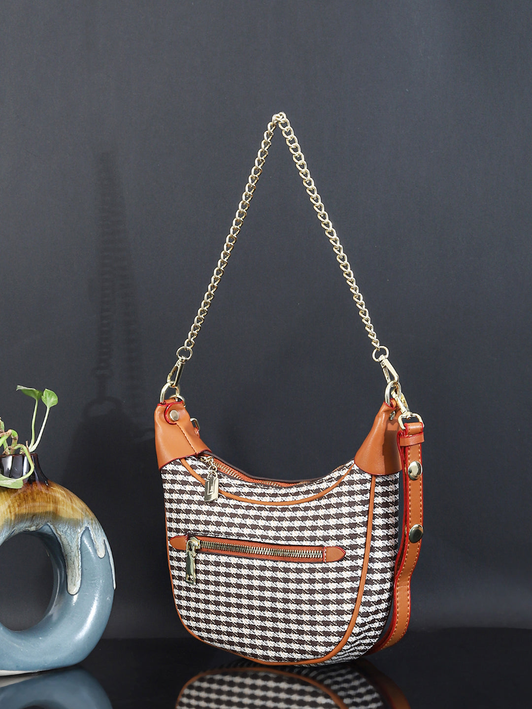 Checked PU Structured Handbag (Brown)