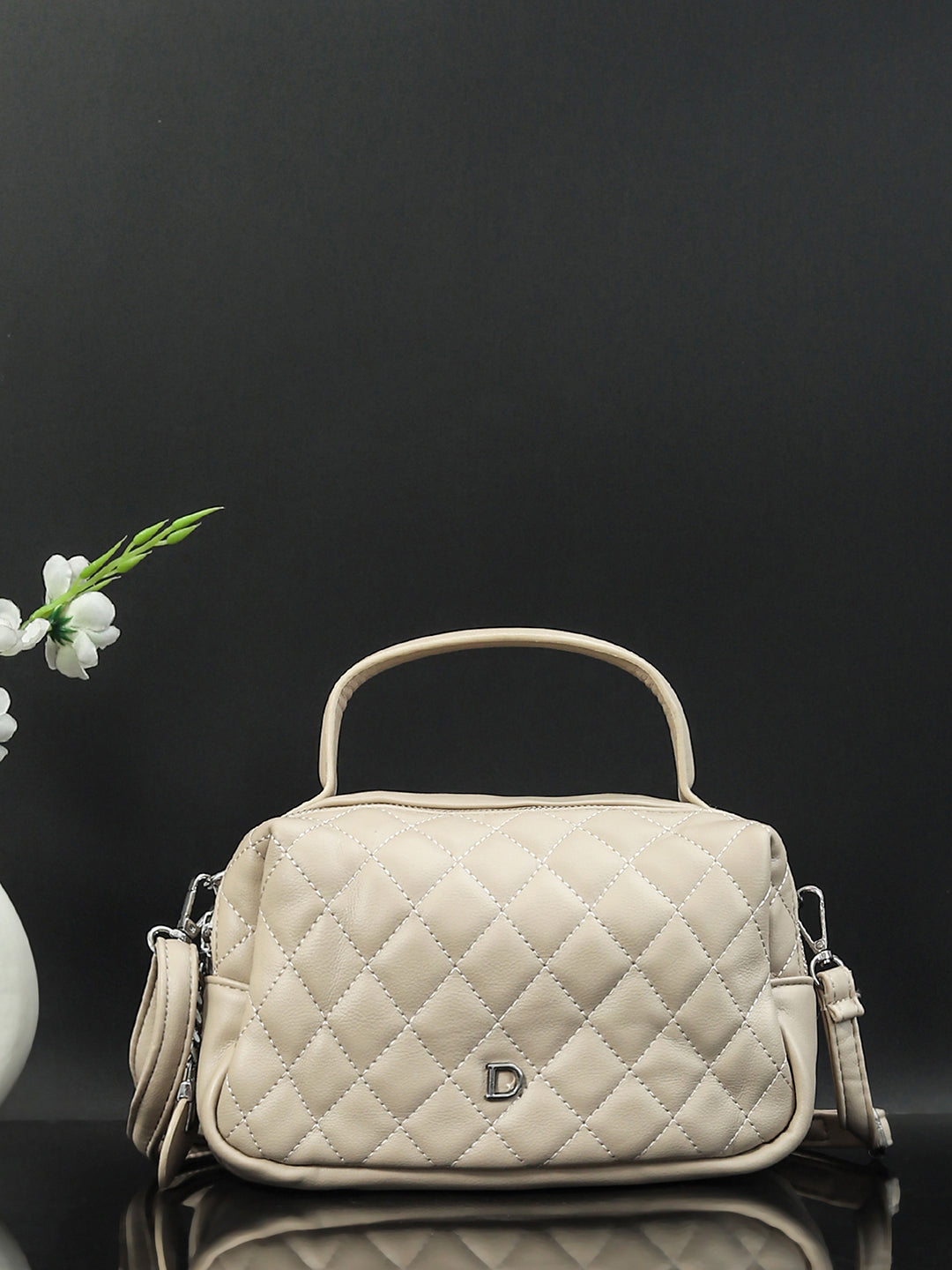 Geometric Structured PU Sling Bag With Quilted (Cream)