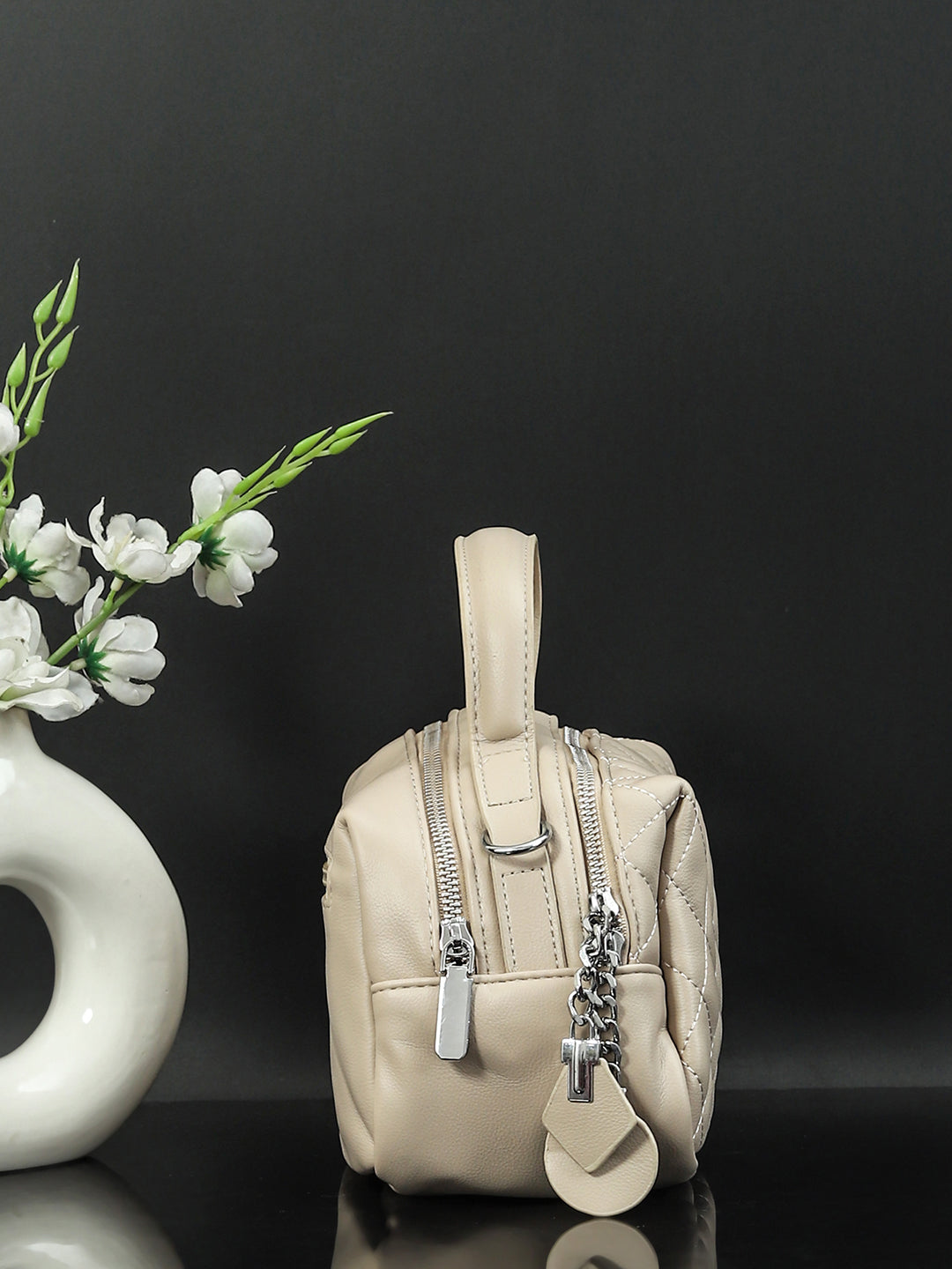 Geometric Structured PU Sling Bag With Quilted (Cream)