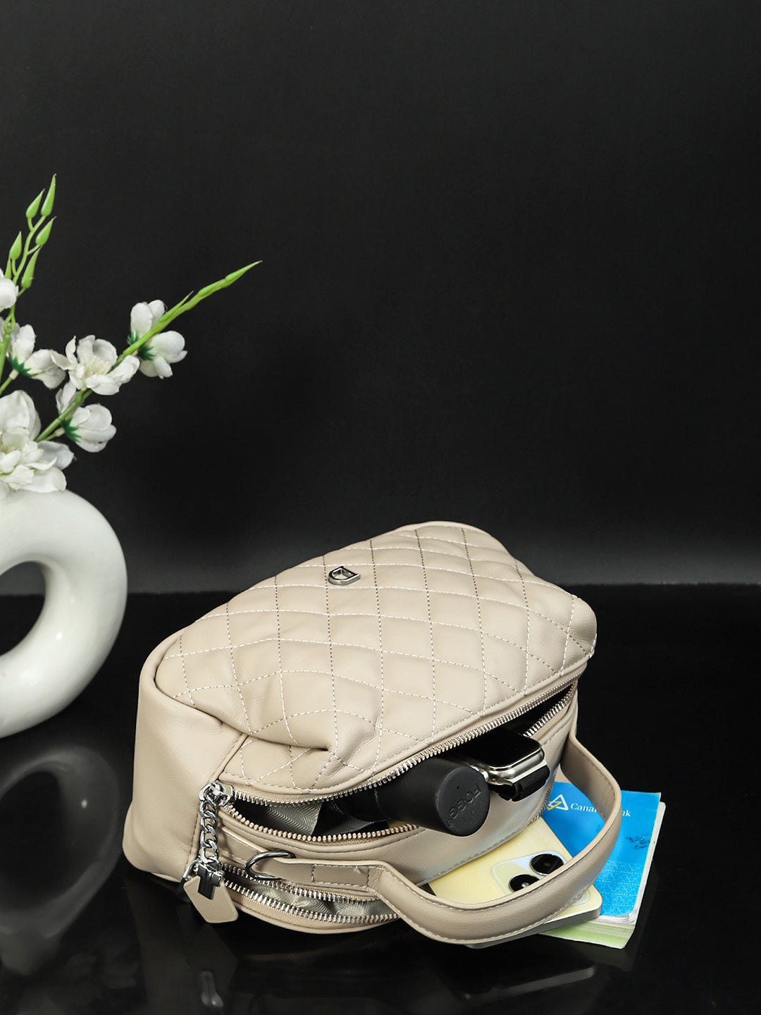 Geometric Structured PU Sling Bag With Quilted (Cream)