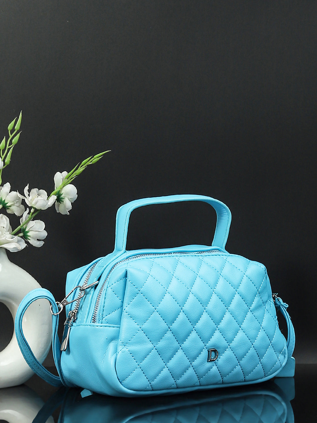Geometric Structured PU Sling Bag With Quilted (Blue)