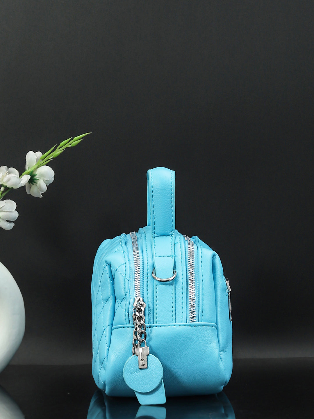 Geometric Structured PU Sling Bag With Quilted (Blue)