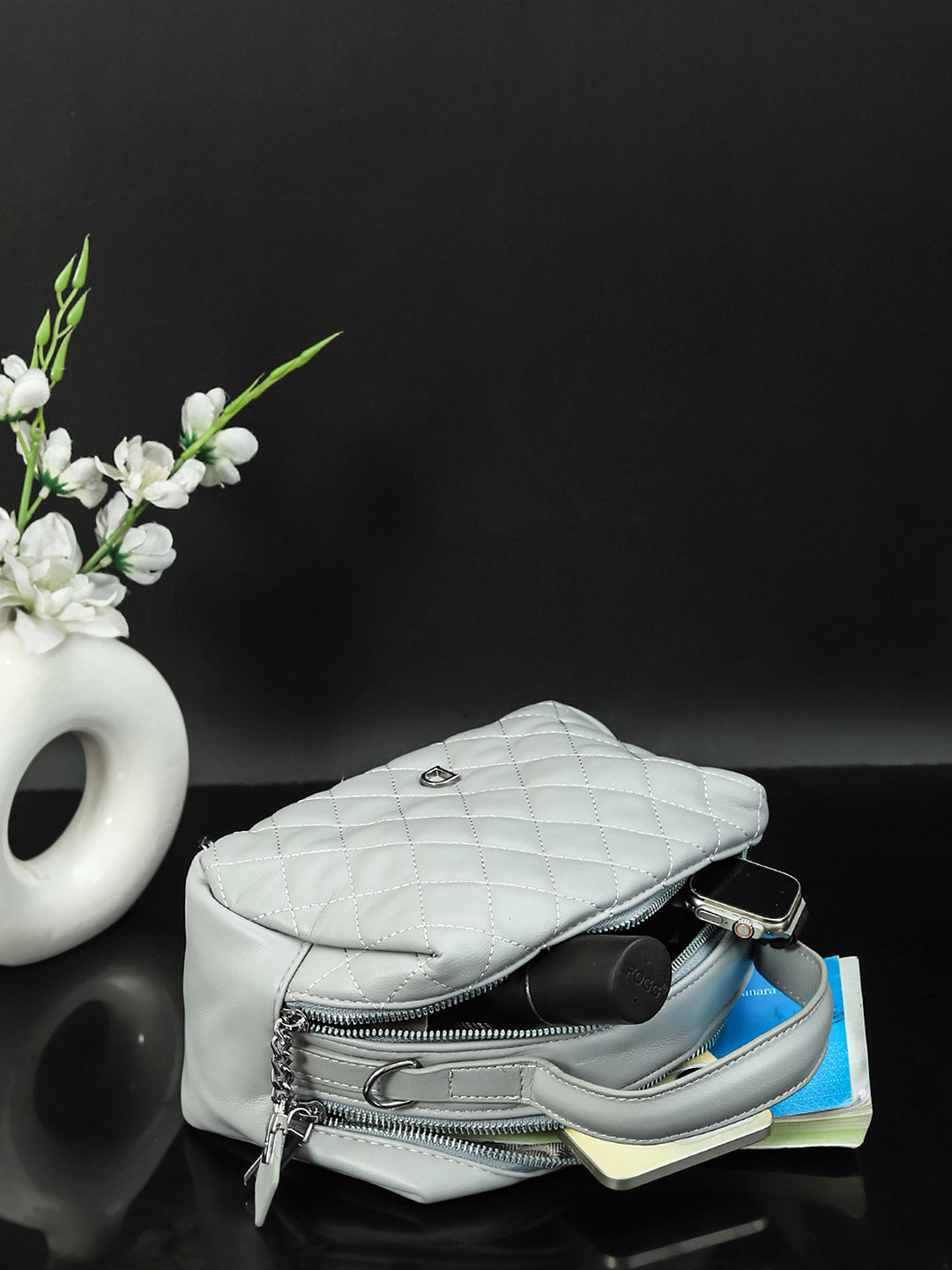 Geometric Structured PU Sling Bag With Quilted (Grey)