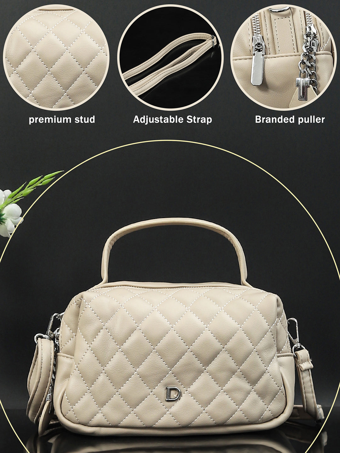 Geometric Structured PU Sling Bag With Quilted (Cream)