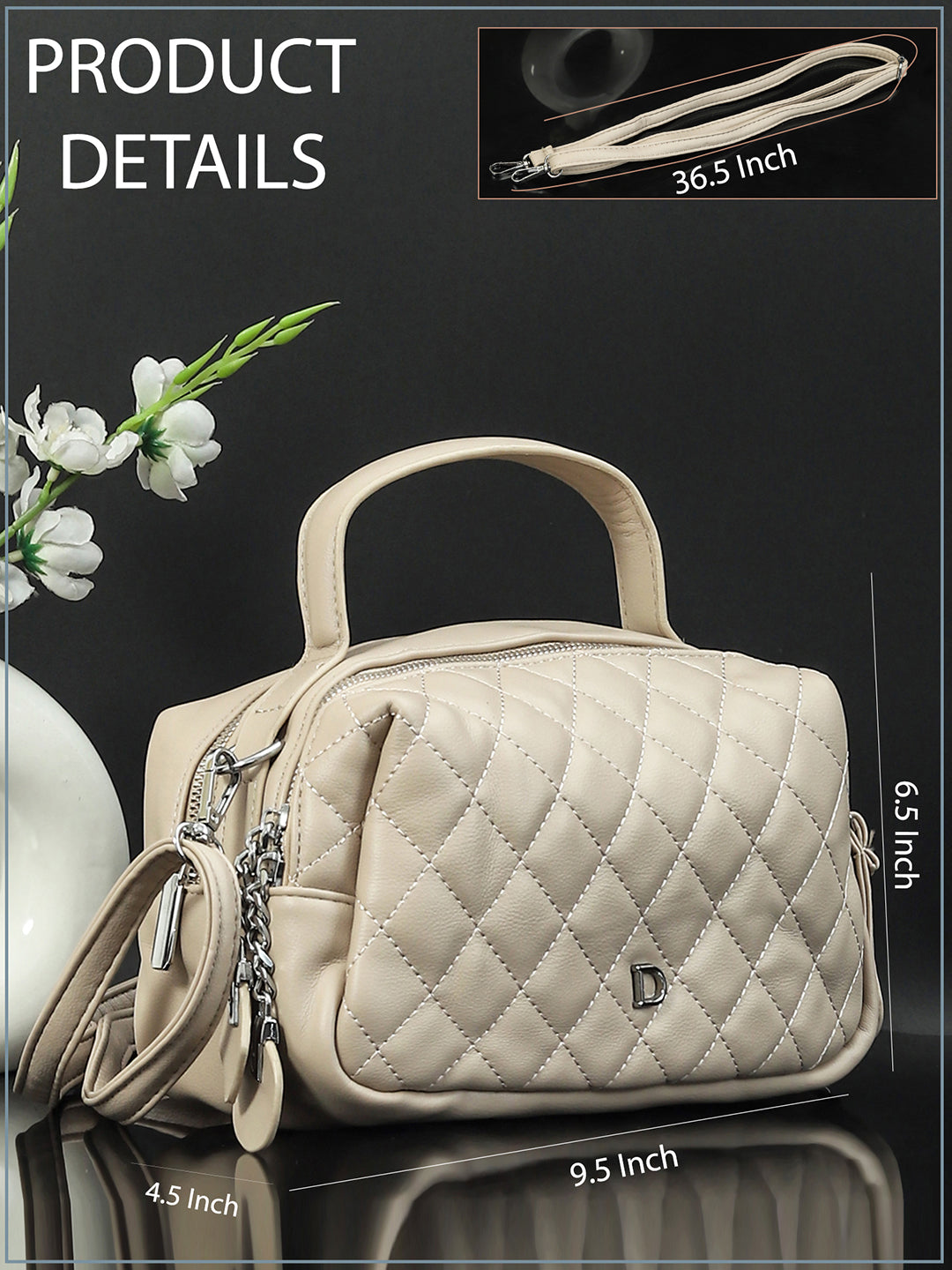 Geometric Structured PU Sling Bag With Quilted (Cream)