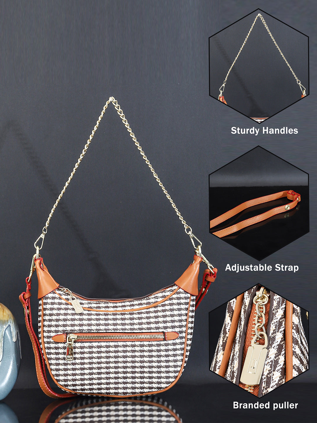 Checked PU Structured Handbag (Brown)