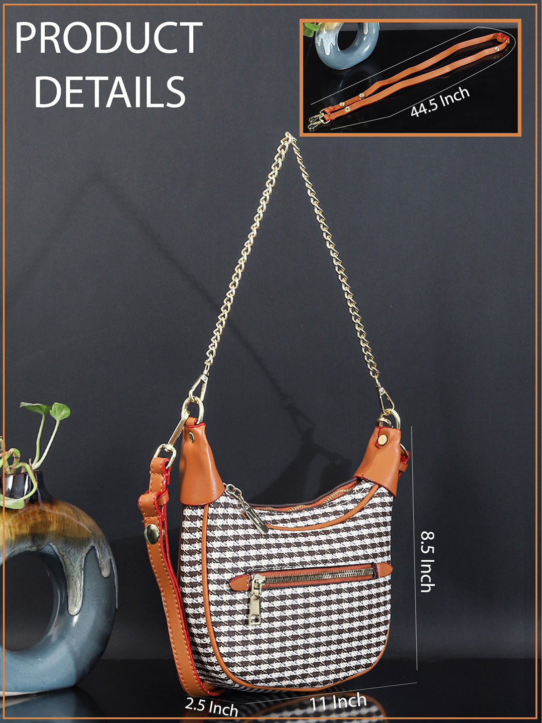 Checked PU Structured Handbag (Brown)