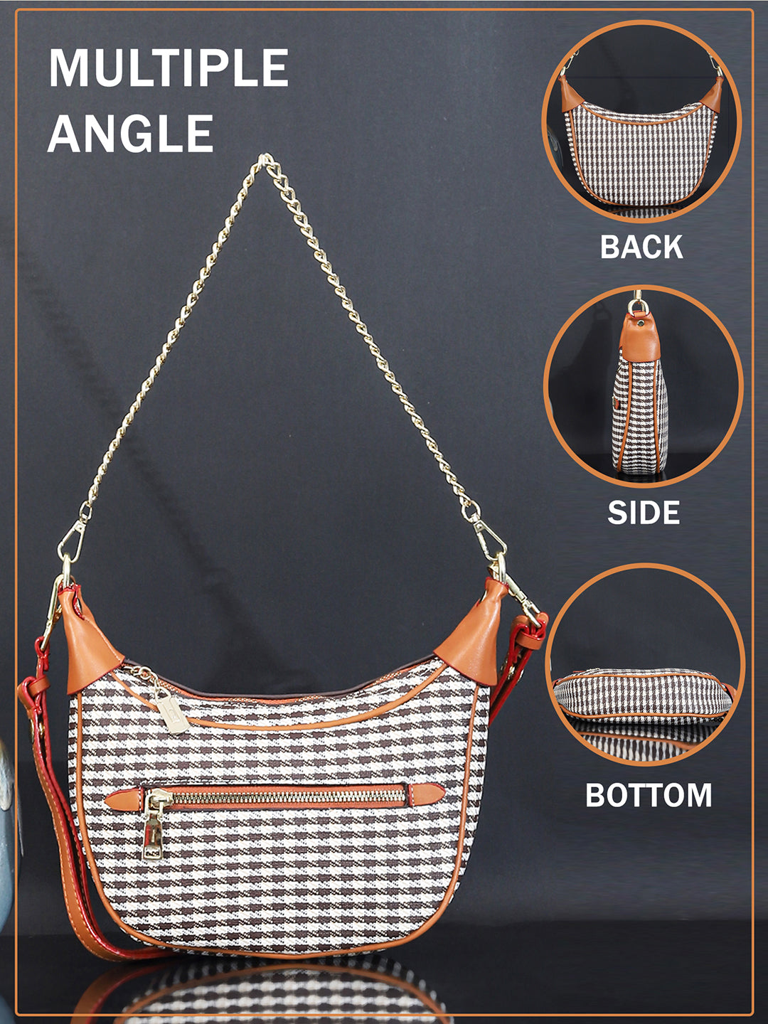 Checked PU Structured Handbag (Brown)