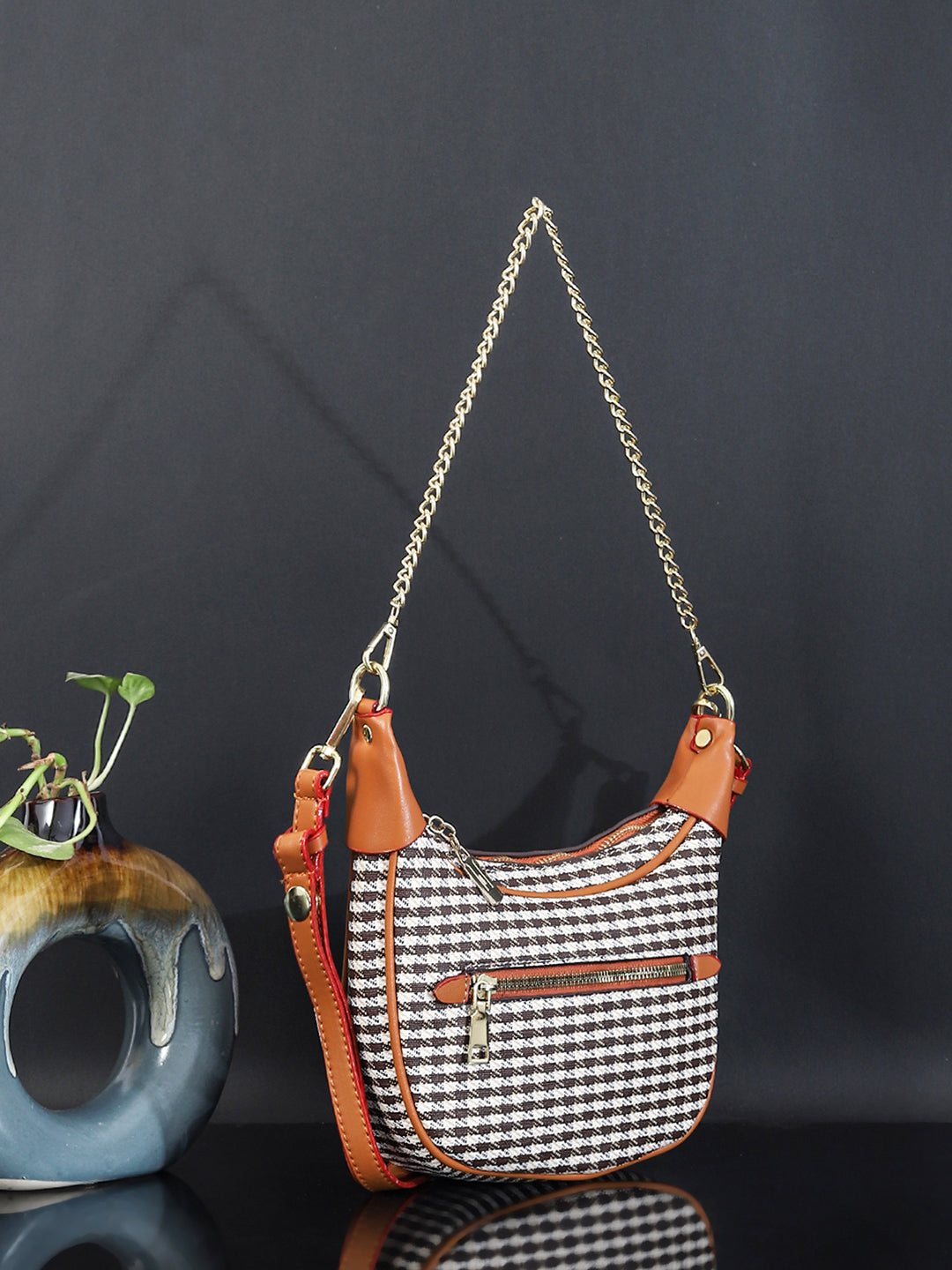 Checked PU Structured Handbag (Brown)
