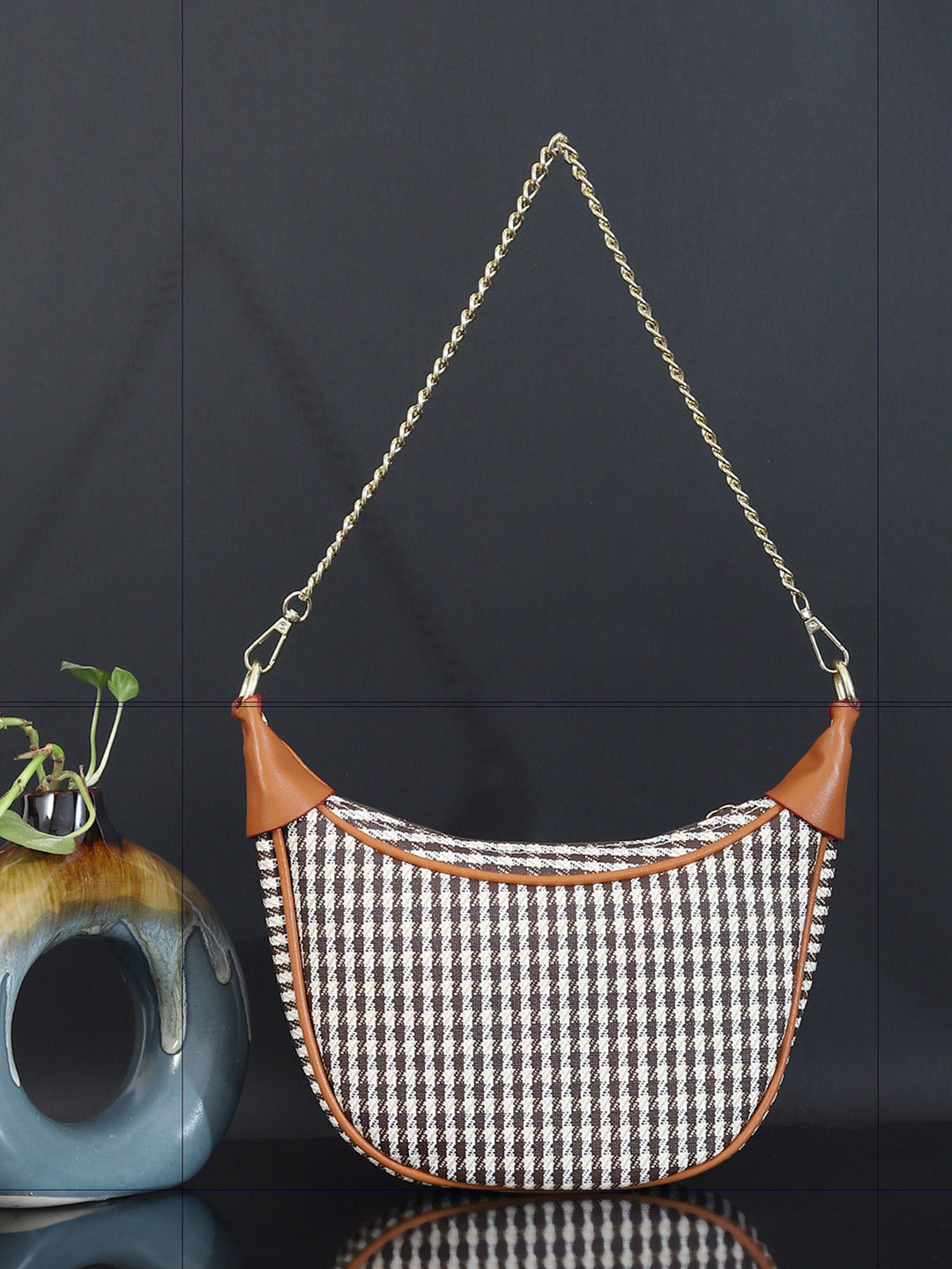 Checked PU Structured Handbag (Brown)