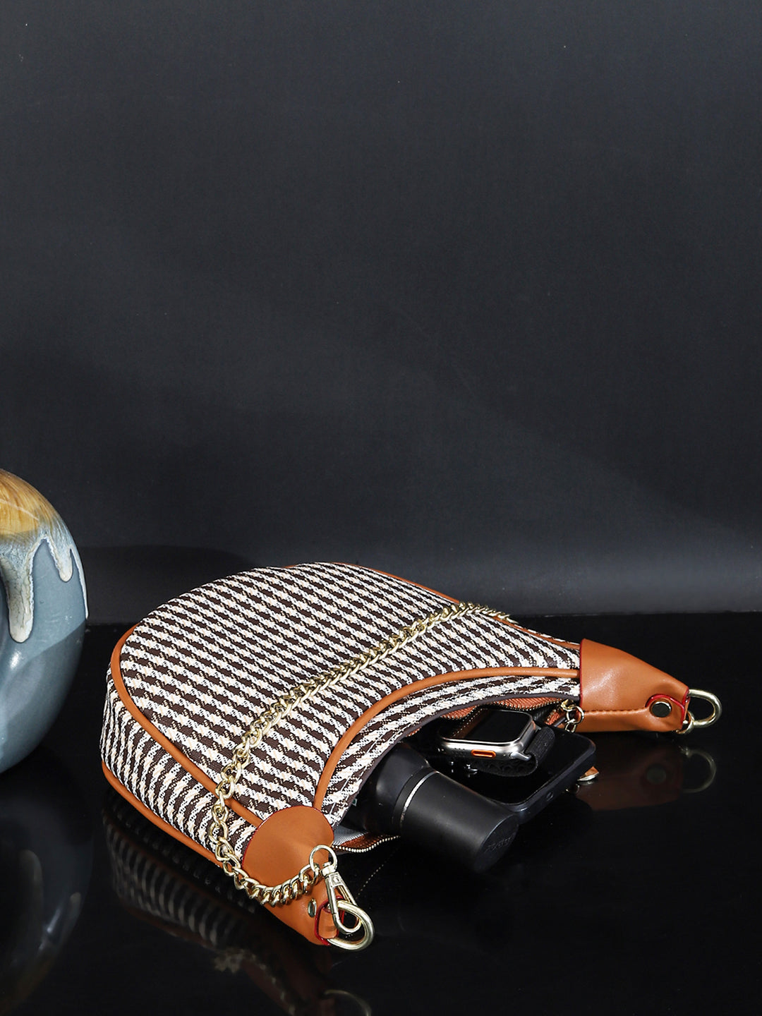 Checked PU Structured Handbag (Brown)