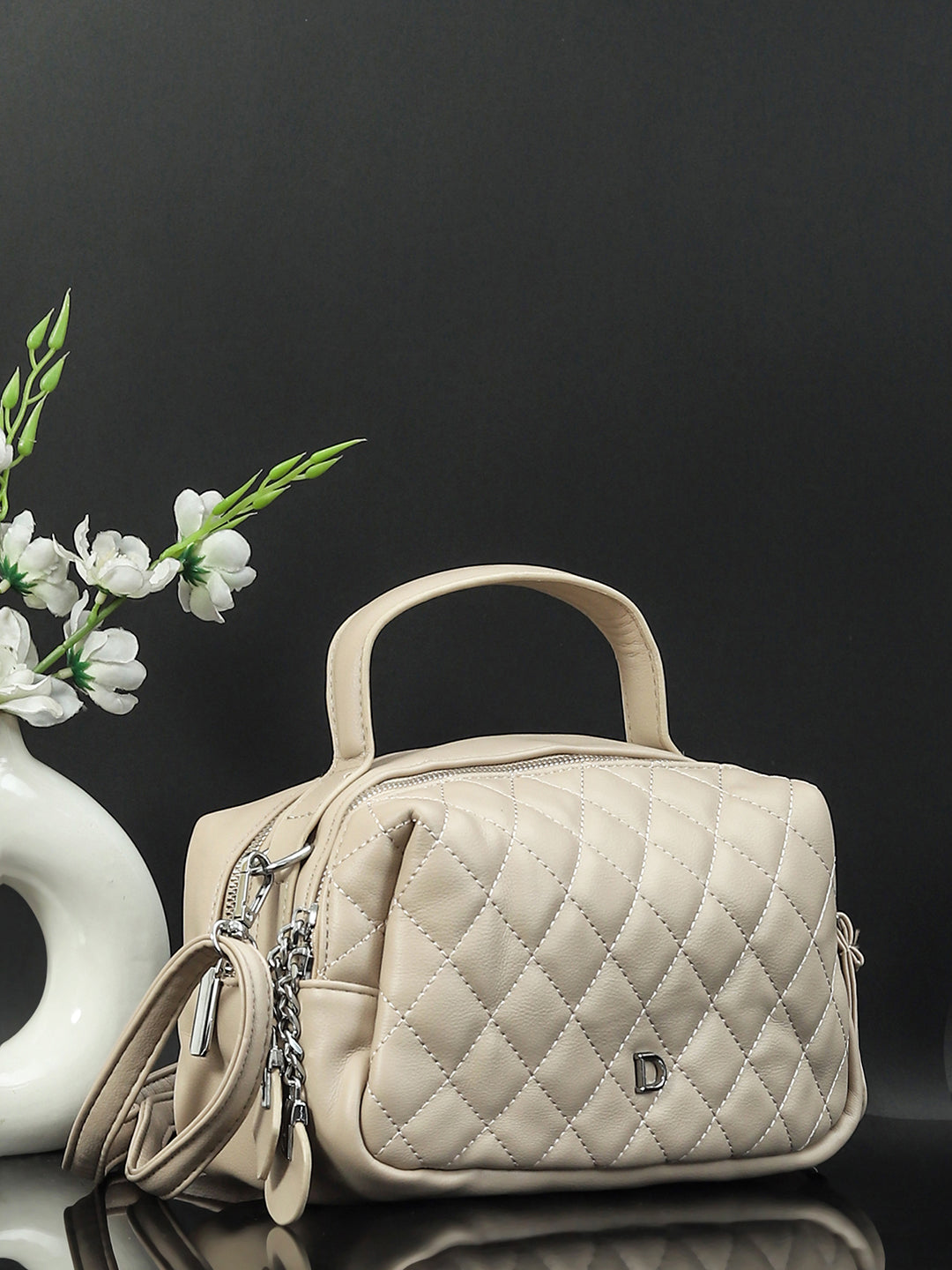 Geometric Structured PU Sling Bag With Quilted (Cream)