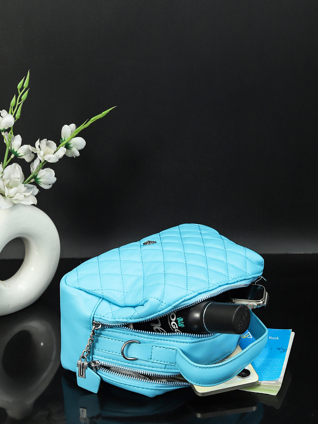 Geometric Structured PU Sling Bag With Quilted (Blue)