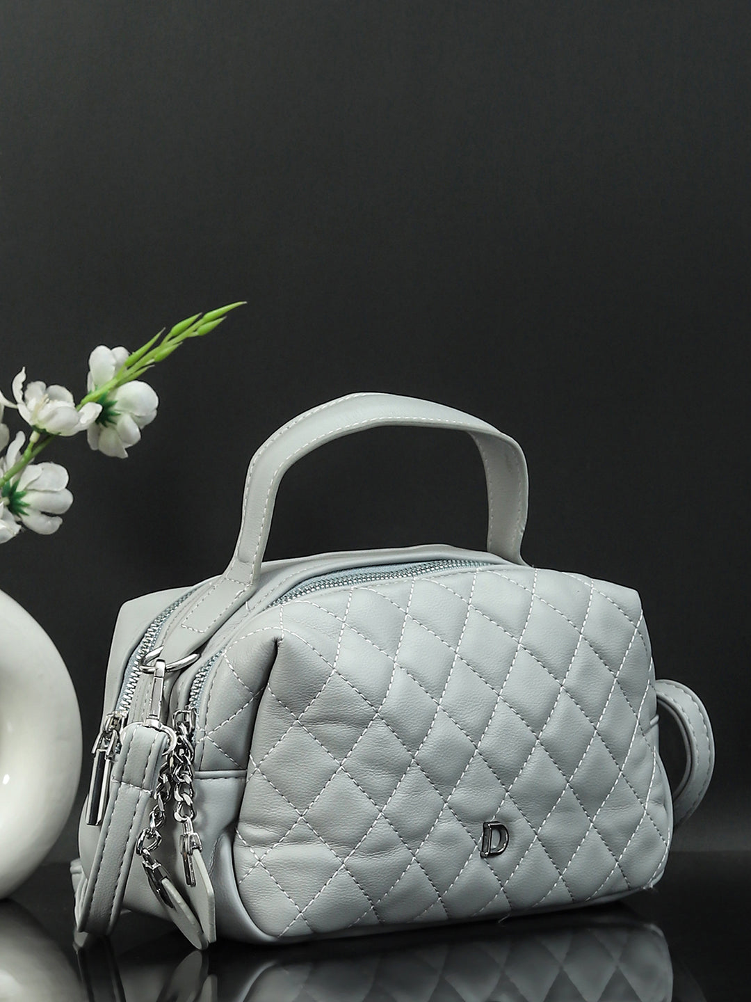 Geometric Structured PU Sling Bag With Quilted (Grey)