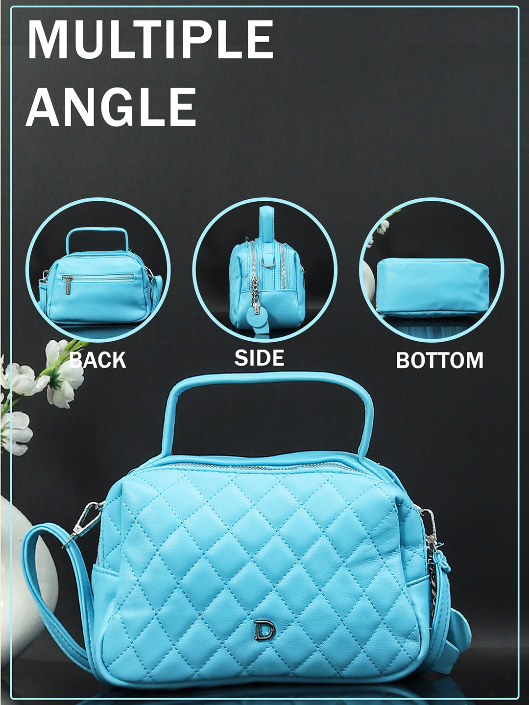 Geometric Structured PU Sling Bag With Quilted (Blue)